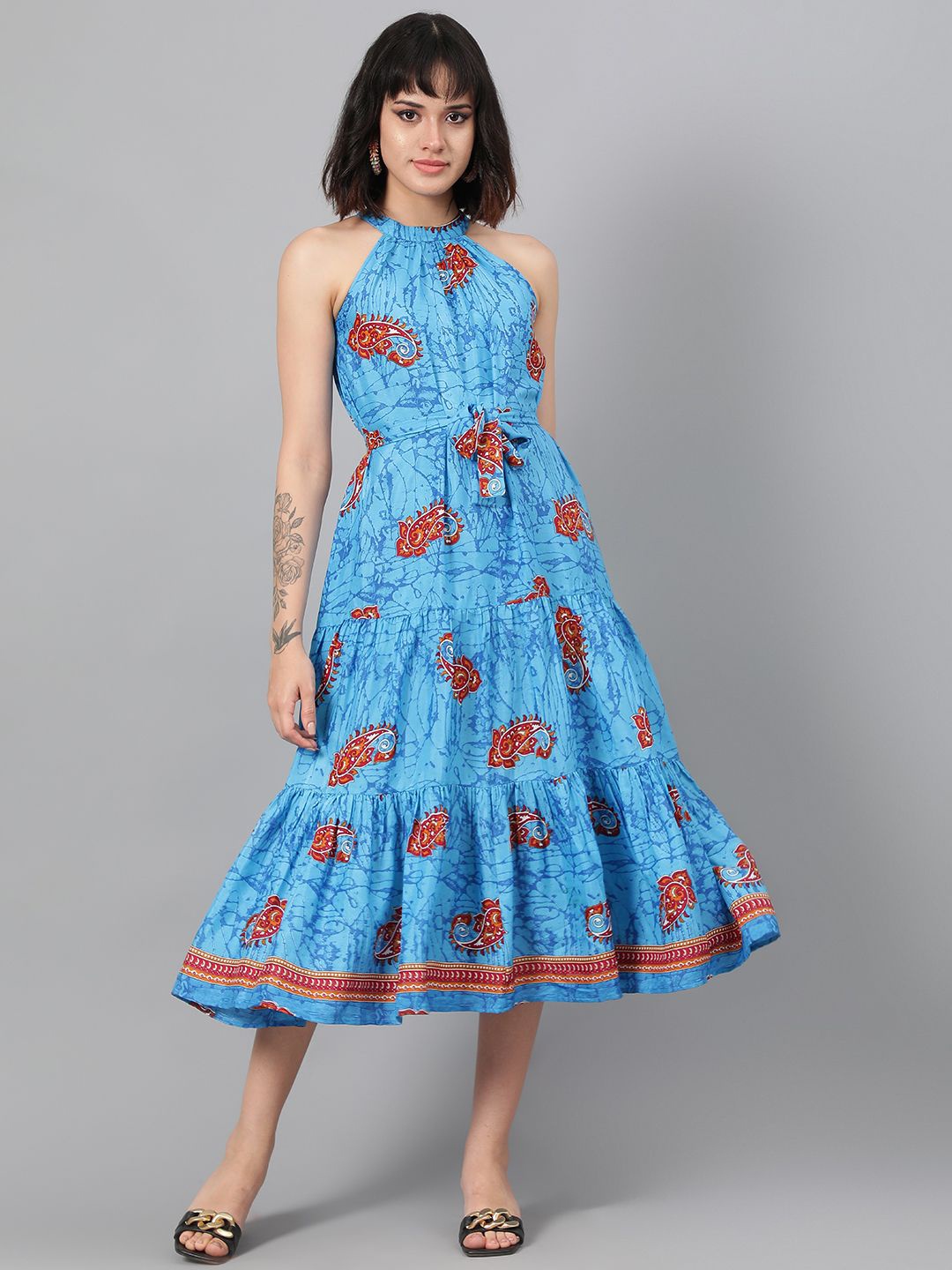 

Kotty Ethnic Motifs Printed Halter Neck Layered Crepe Fit & Flare Midi Dress, Blue