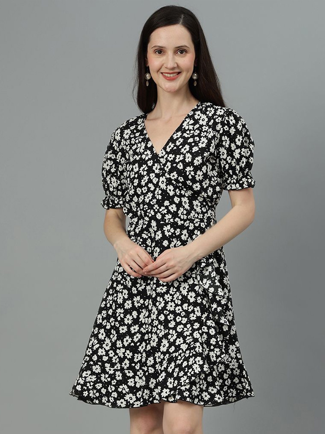 

Kotty Floral Printed V-Neck Puff Sleeves Crepe Wrap Dress, Black