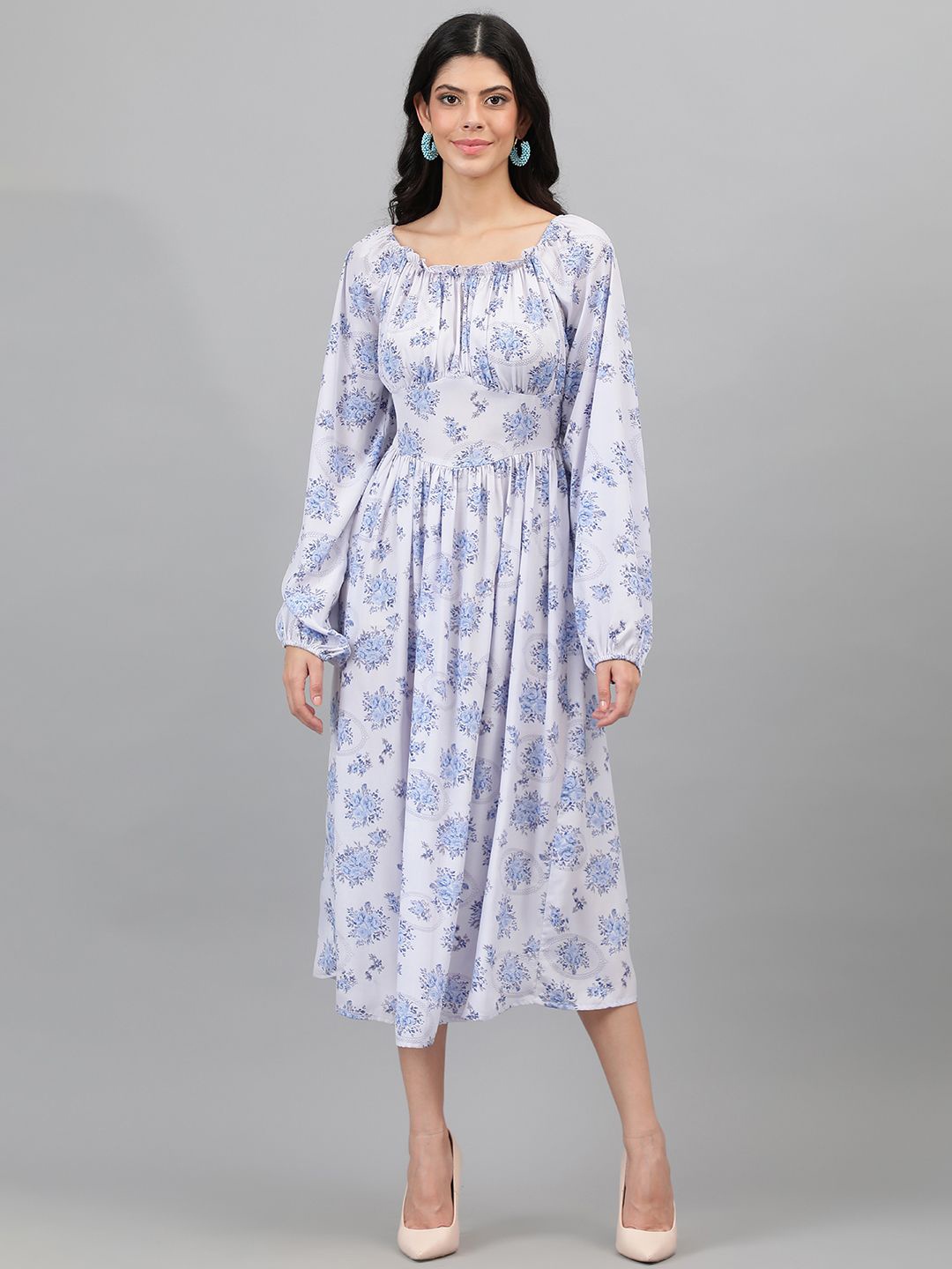 

Kotty Floral Printed Puff Sleeve Gathered or Pleated Crepe Fit & Flare Midi Dress, White