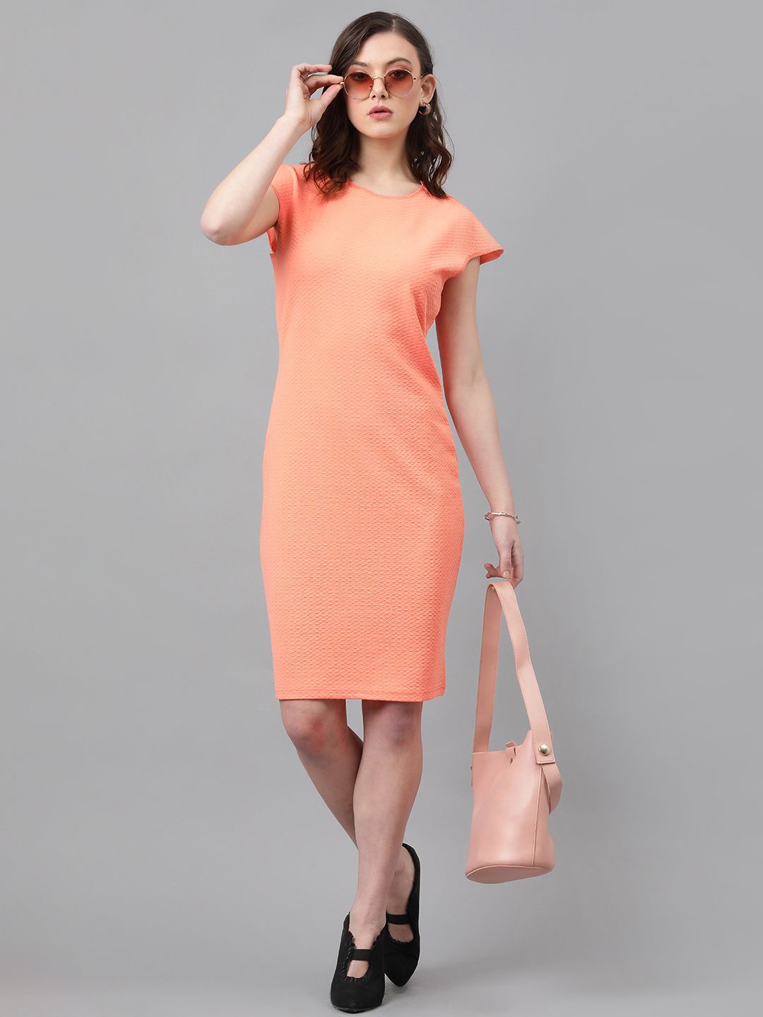 

KOTTY Basics Self Design Extended Sleeves Straight Sheath Dress, Orange