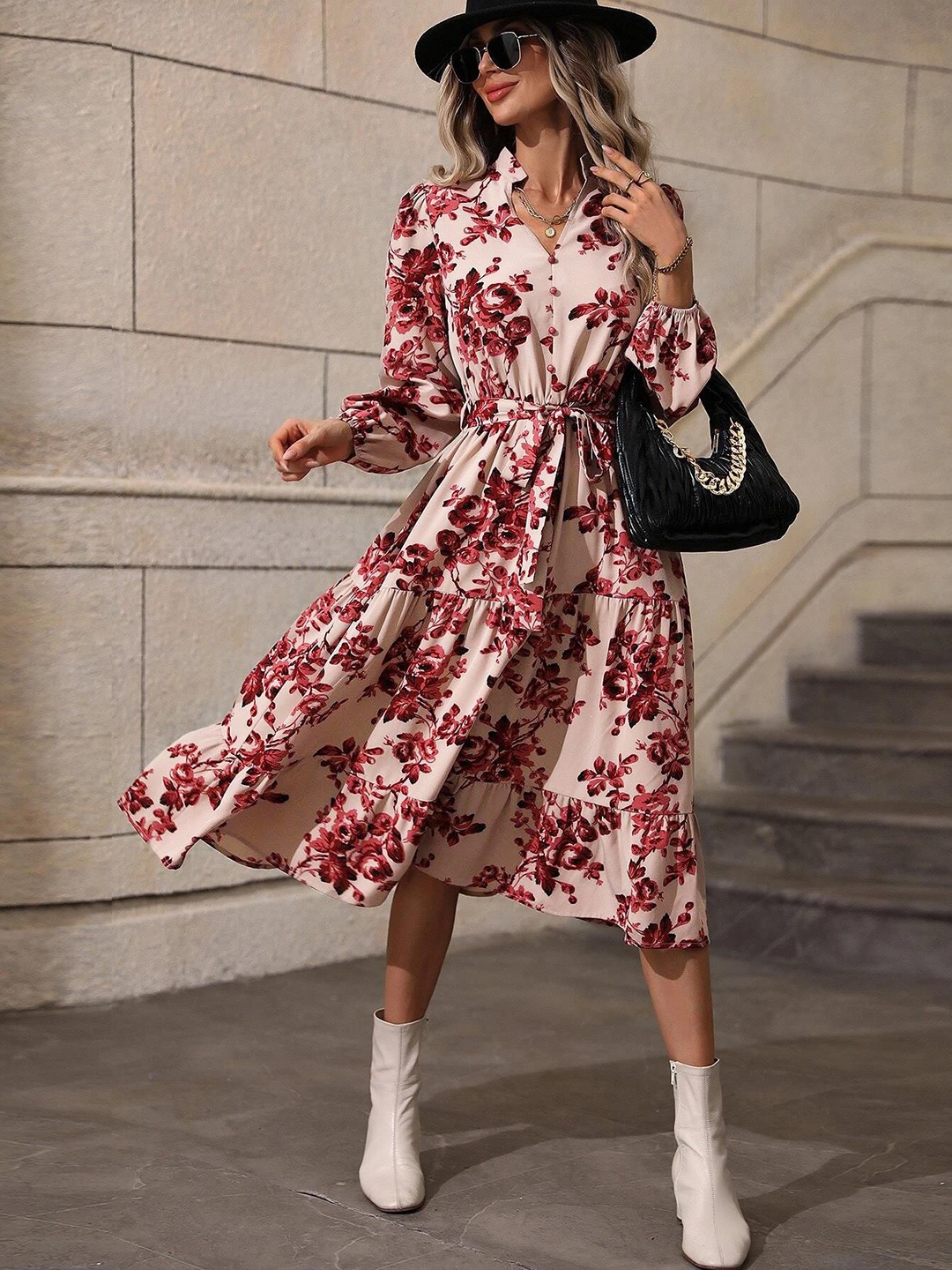 

Kotty Cream Floral Printed Shirt Collar Puff Sleeve A-Line Midi Dress