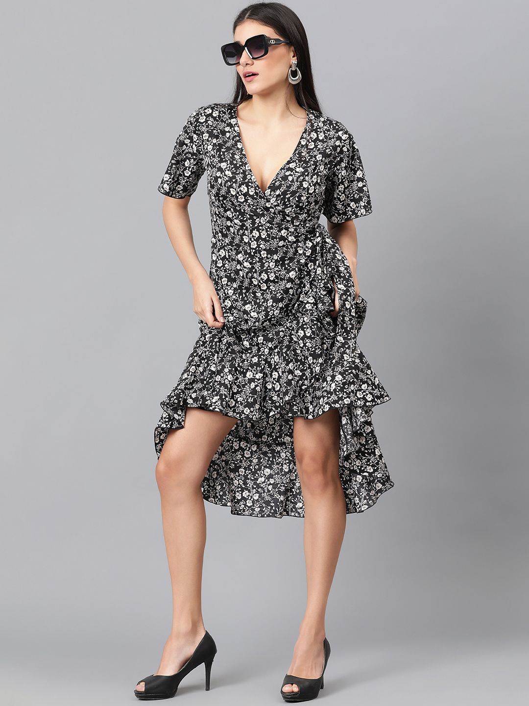 

Kotty Floral Printed V-Neck Flared Sleeve High-Low Crepe Wrap Dress, Black