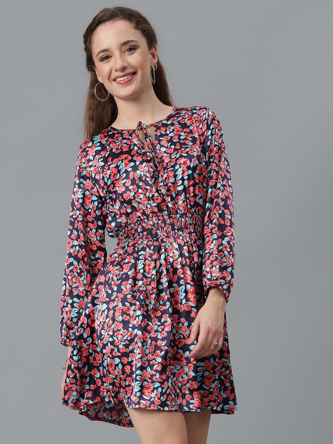 

Kotty Black Floral Printed Tie-Up Neck Puff Sleeves Fit & Flare Dress