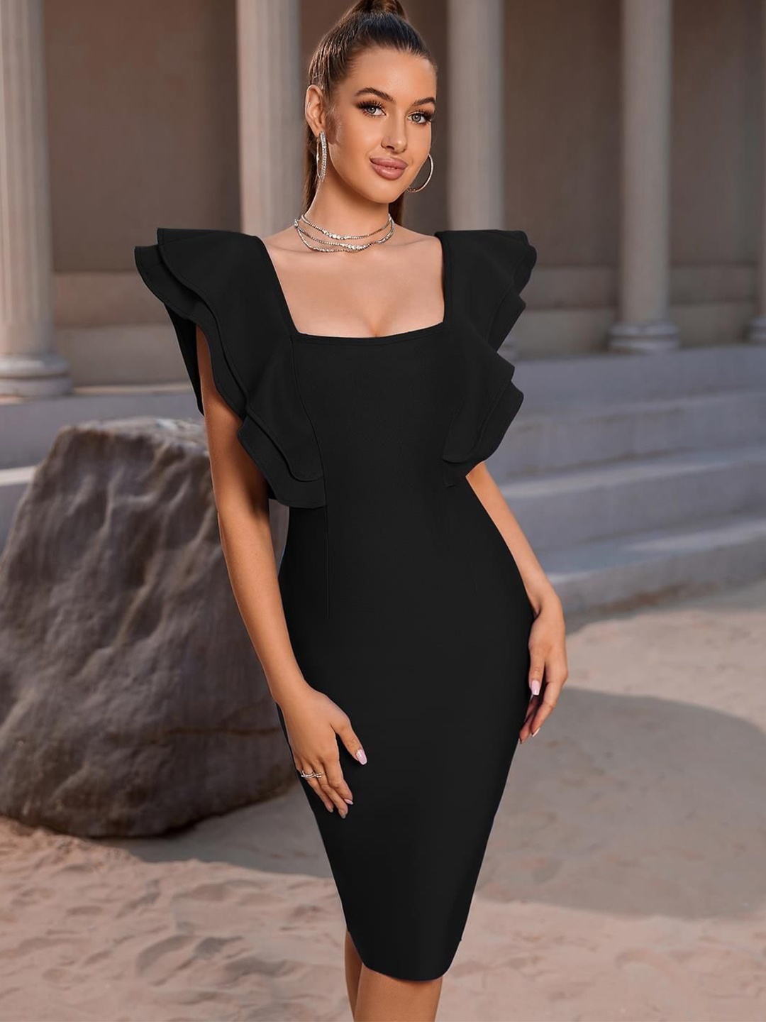 

Kotty Black Square Neck Flutter Sleeves Bodycon Dress