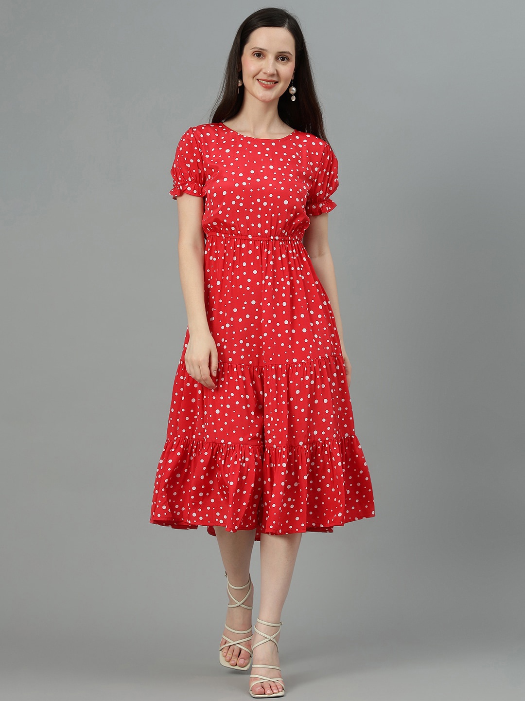

Kotty Polka Dot Printed Puff Sleeve Layered Crepe Fit & Flare Midi Dress, Red