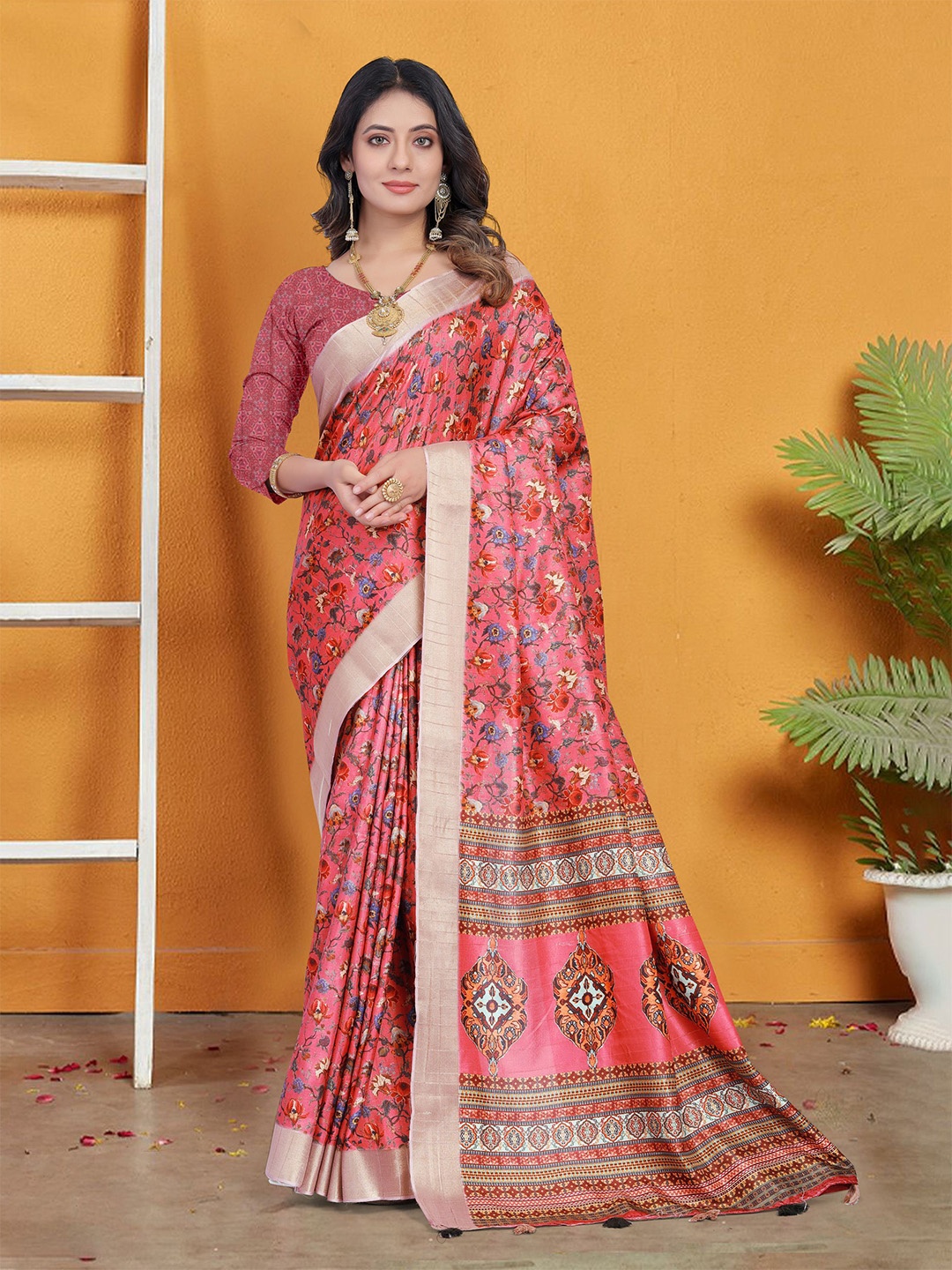 

KALINI Floral Zari Tussar Saree, Pink