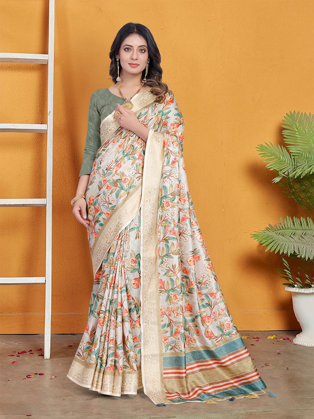 

KALINI Floral Printed Zari Tussar Saree, Cream
