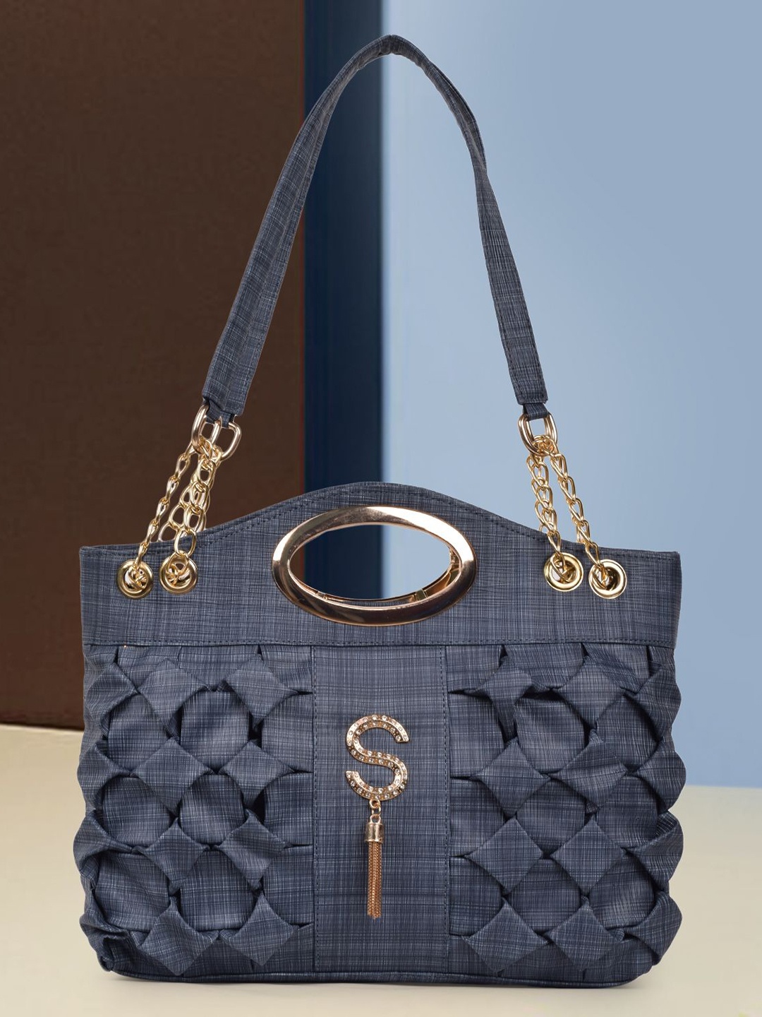 

PARSLEY Textured Self Design Structured Handheld Bag, Blue