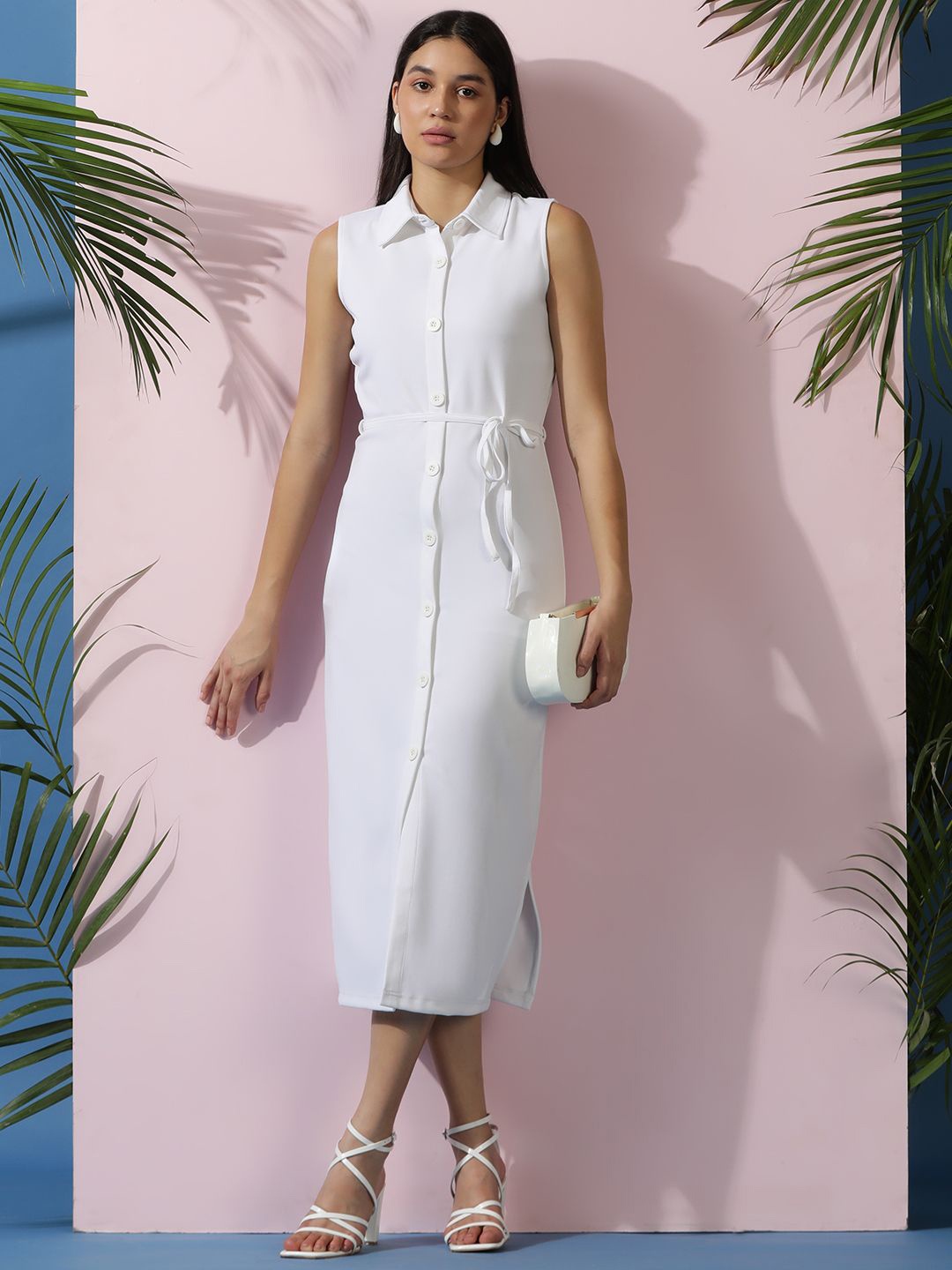 

Stylecast X Kotty White Shirt Collar Sleeveless Shirt Midi Dress