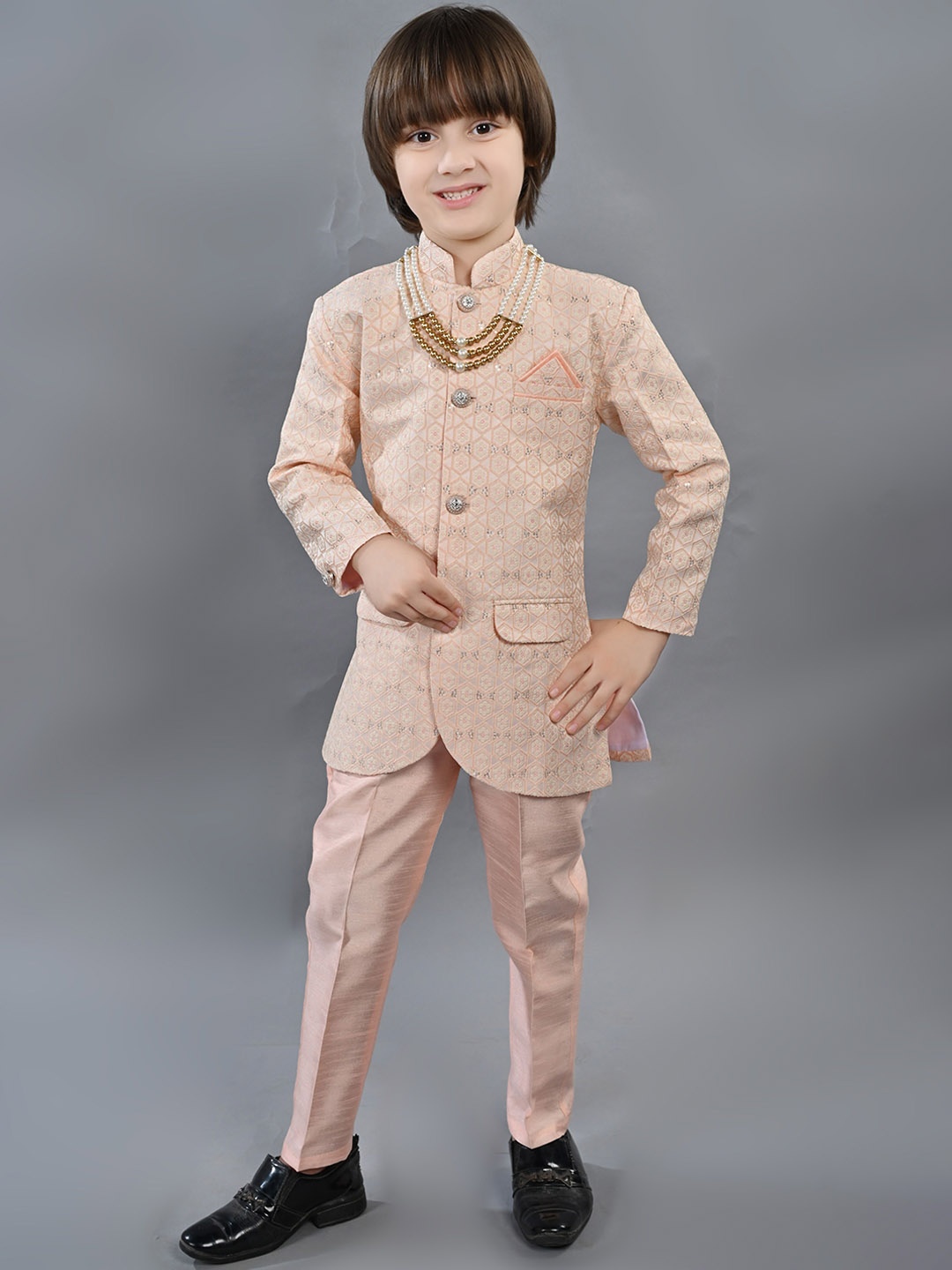 

ahhaaaa Boys Self Design Sherwani Set, Pink