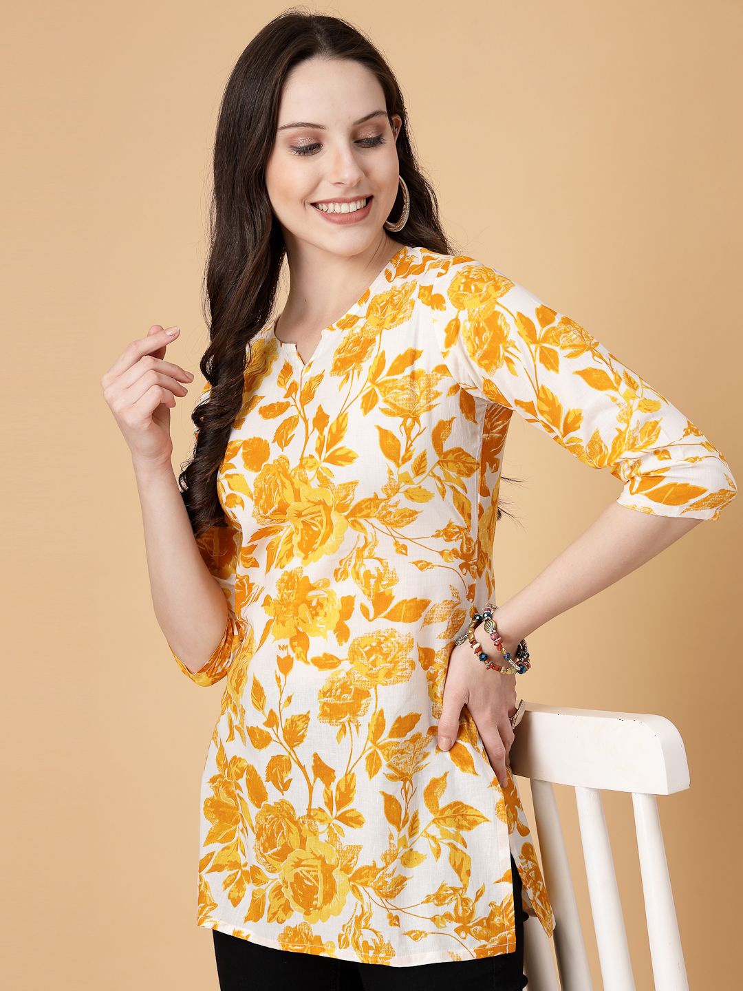 

God Bless Floral Printed Round Neck Pure Cotton Kurti, Yellow