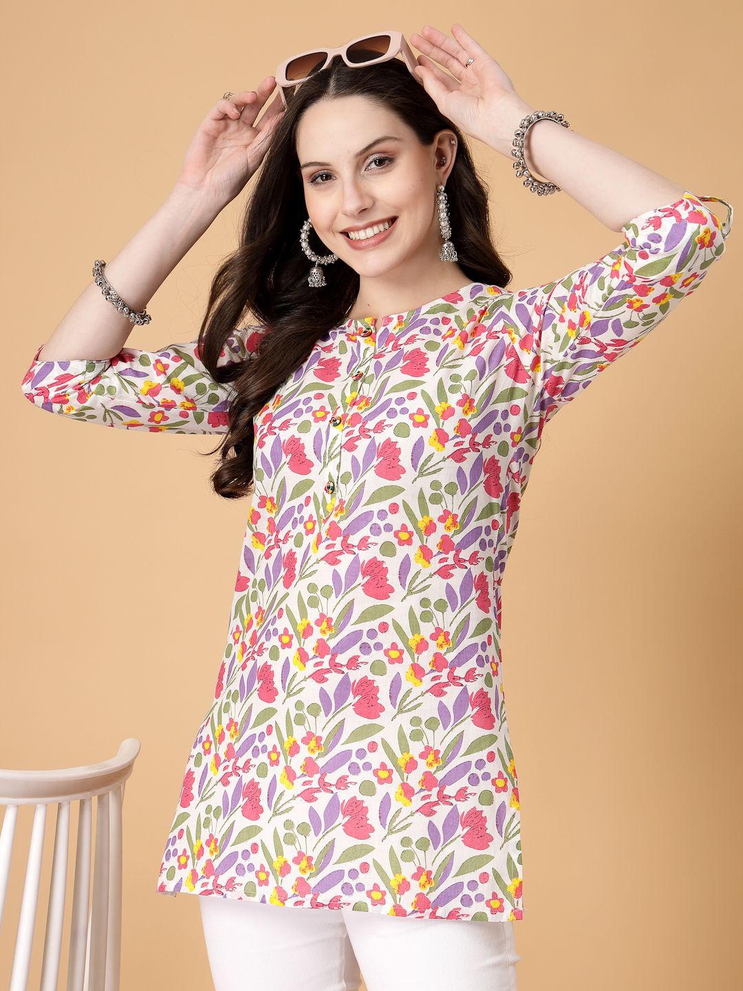 

God Bless Floral Printed Pure Cotton Kurti, White