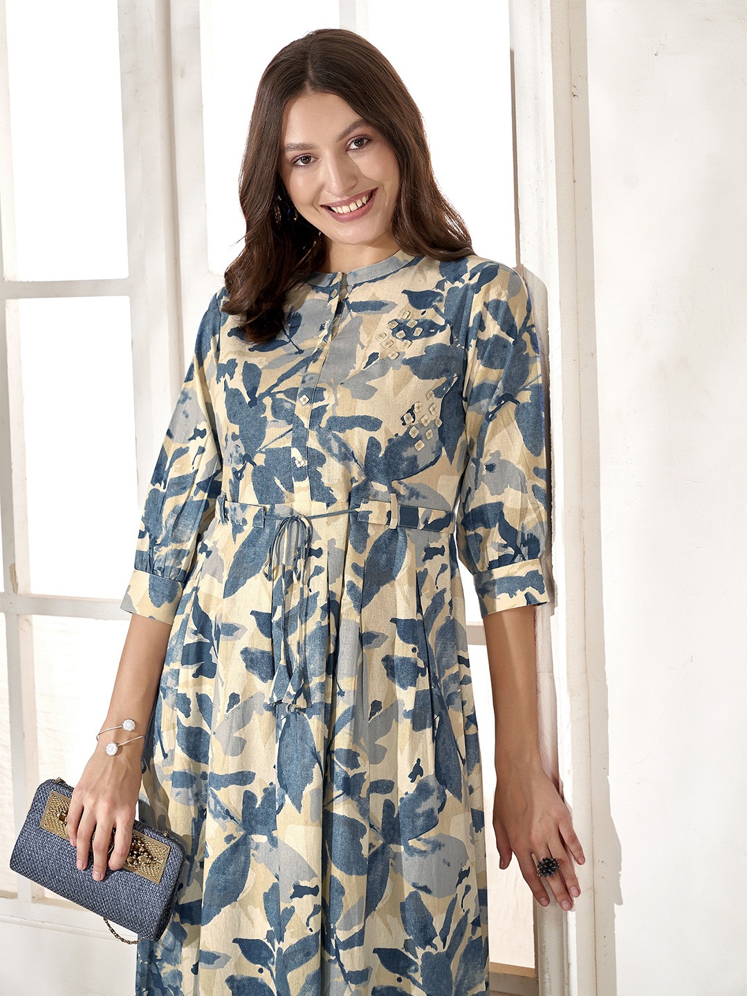 

Anouk Blue Floral Printed Cotton Fit & Flare Midi Dress