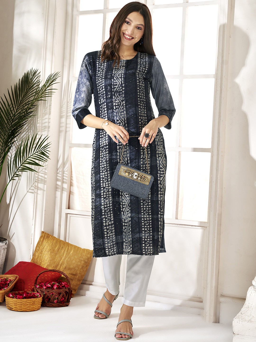 

Anouk Round Neck Sequined Embroidered Chanderi Silk Straight Kurta, Blue