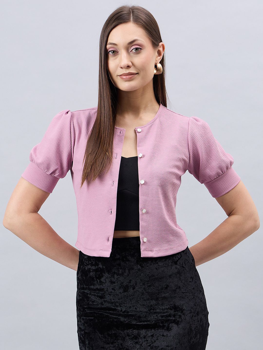 

Style Quotient Self Design Open Front Crop Shrug, Rose