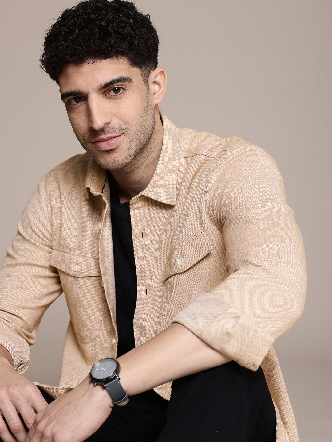 

Nautica Classic Fit Textured Self Designed Pure Cotton Casual Shirt, Beige