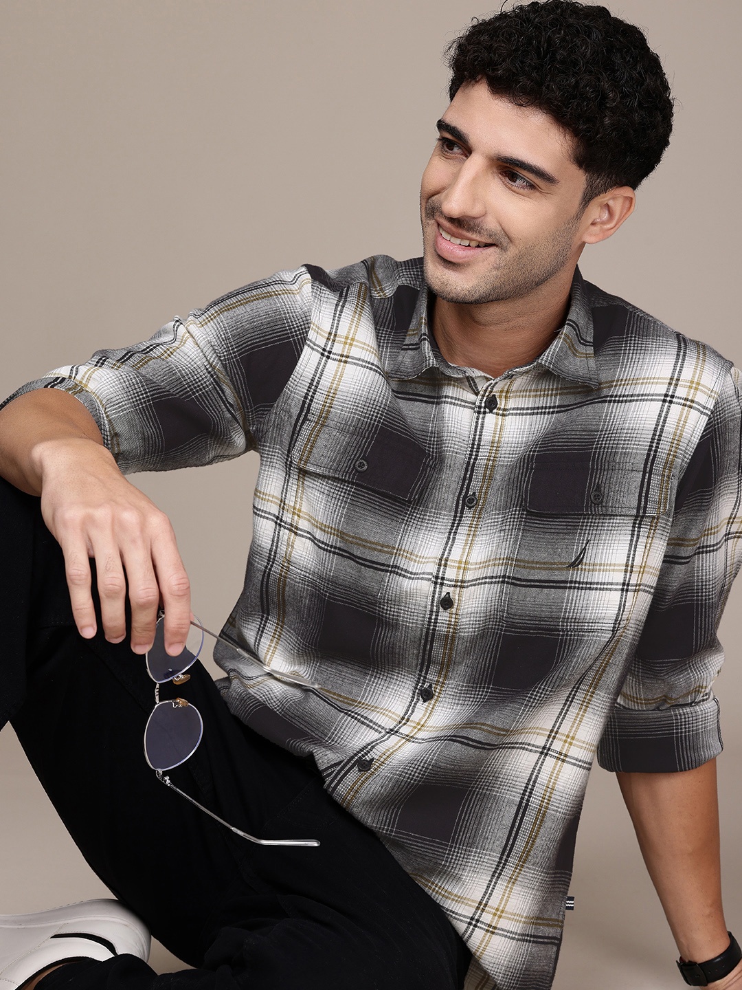 

Nautica Pure Cotton Checked Classic Fit Twill Casual Shirt, Black