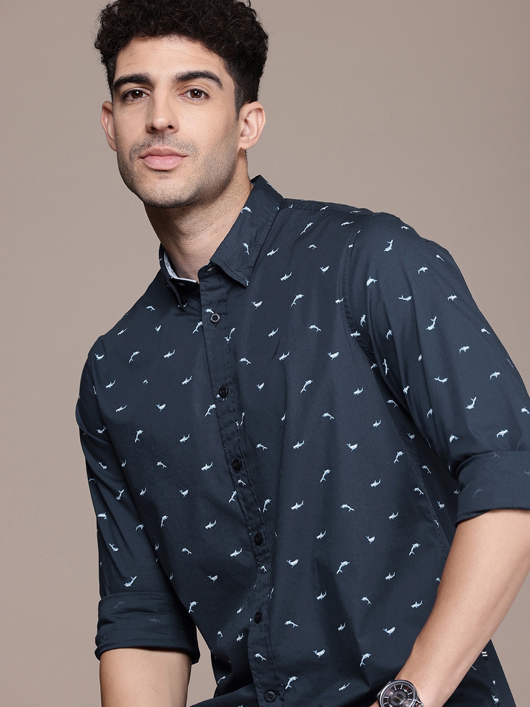 

Nautica Slim Fit Conversational Printed Casual Shirt, Navy blue
