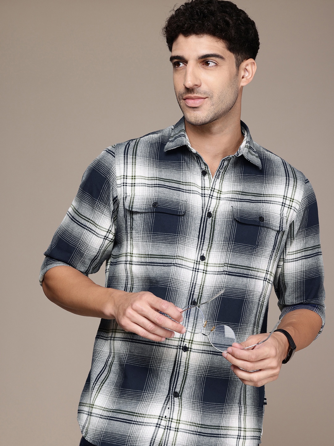 

Nautica Pure Cotton Checked Classic Fit Twill Casual Shirt, Navy blue