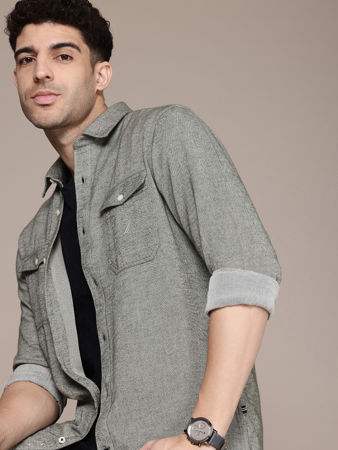 

Nautica Classic Textured Self Design Pure Cotton Casual Shirt, Olive