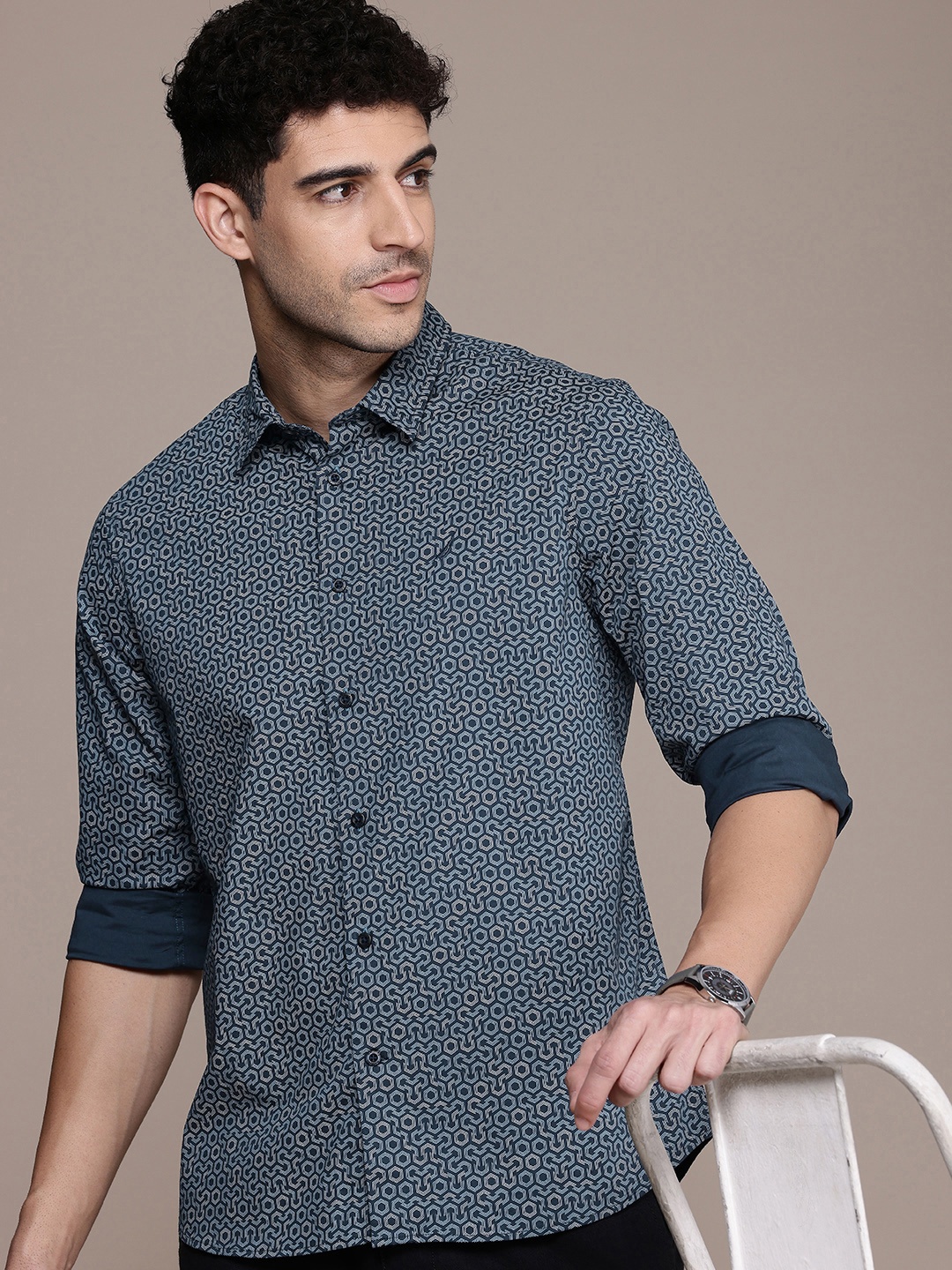 

Nautica Slim Fit Geometric Printed Casual Shirt, Navy blue