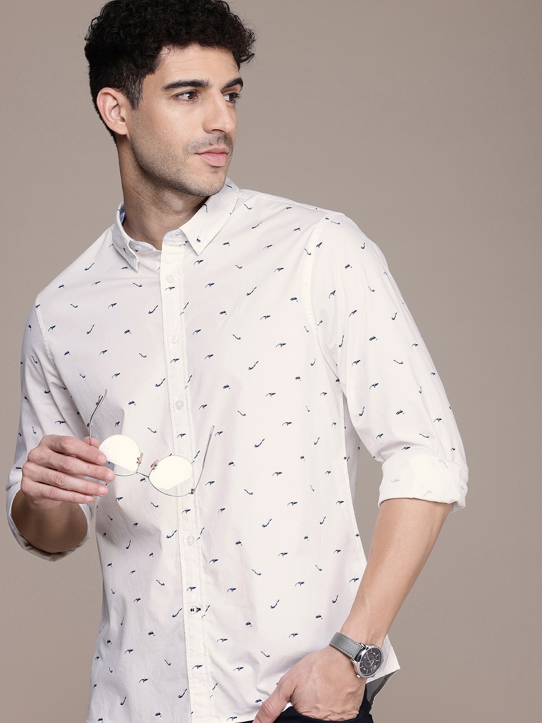 

Nautica Slim Fit Conversational Printed Button-down Collar Casual Shirt, White