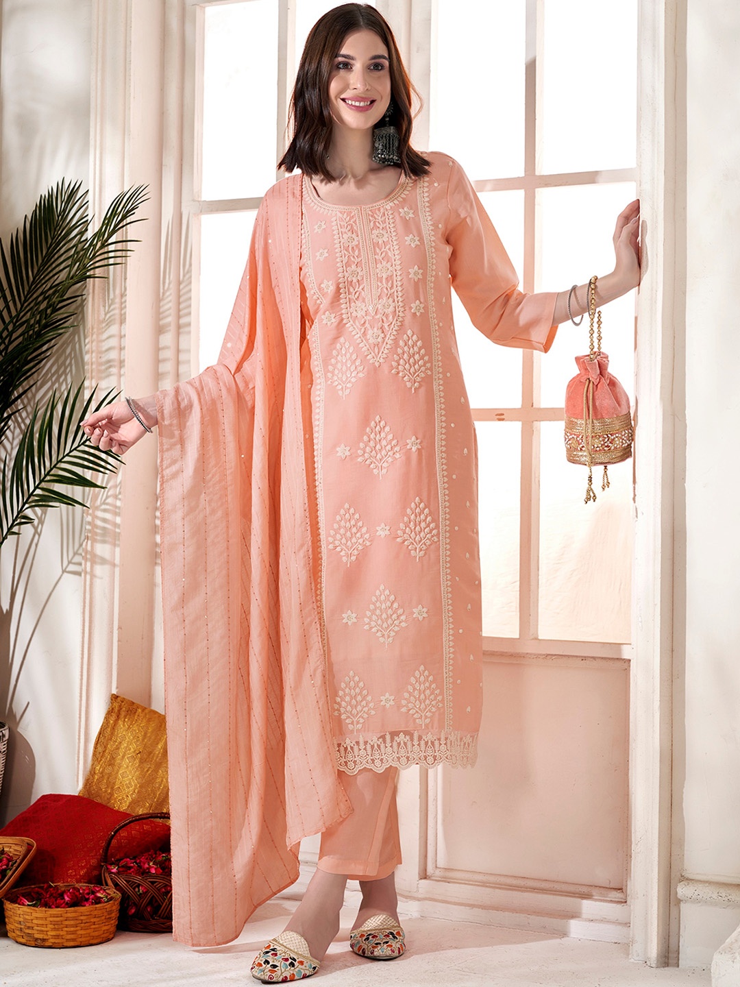 

Anouk Orange Ethnic Motifs Embroidered Thread Work Straight Kurta With Trousers & Dupatta