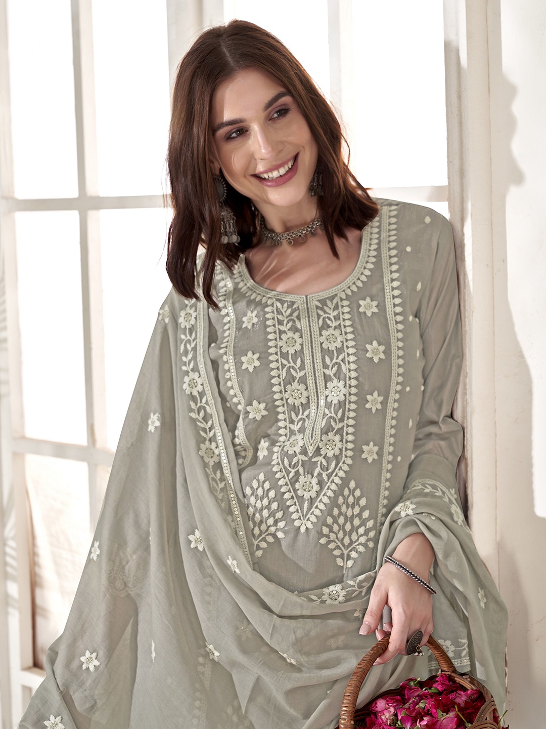 

Anouk Grey Ethnic Motifs Embroidered Straight Thread Work Kurta with Trousers & Dupatta