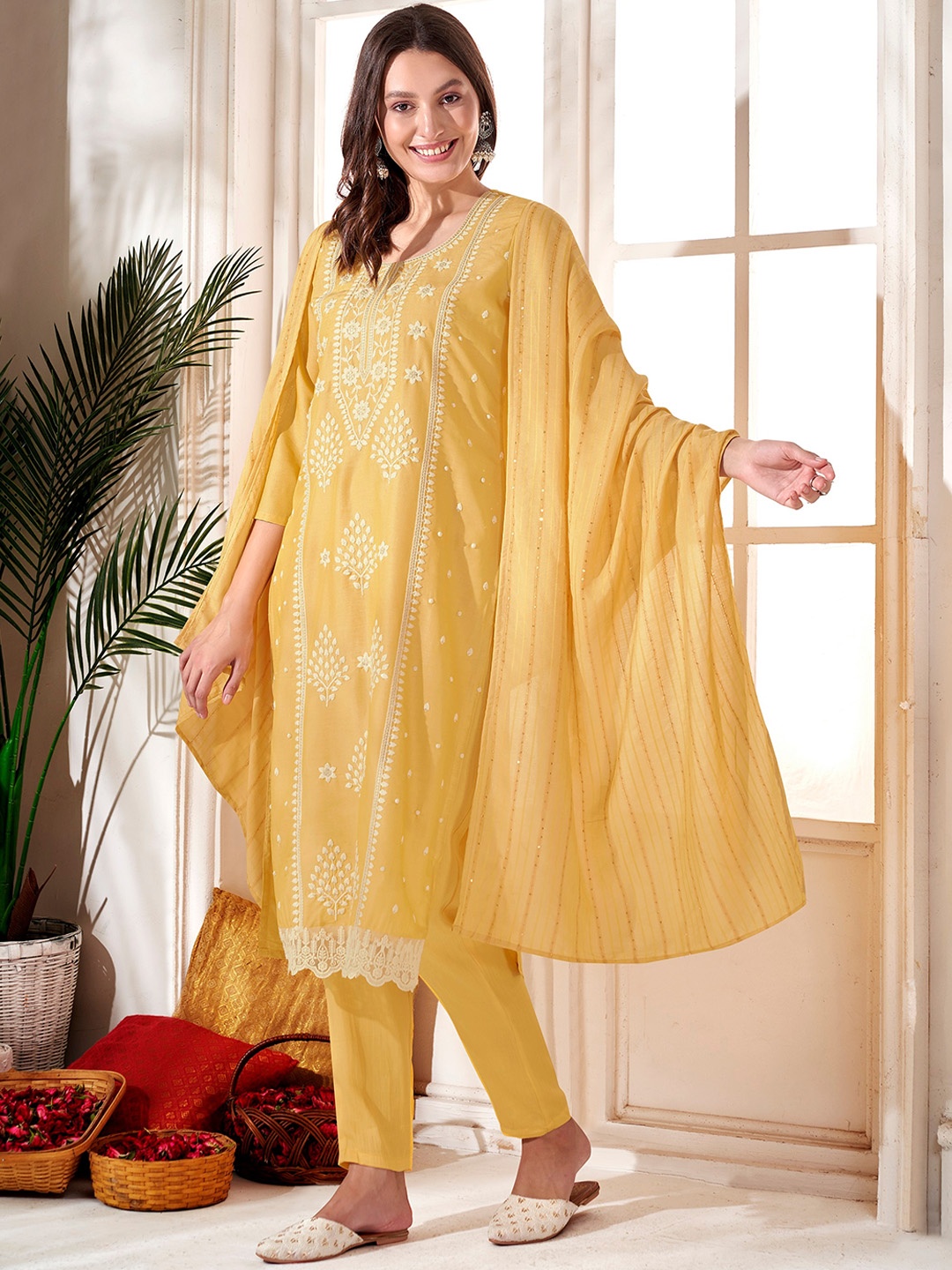 

Anouk Yellow Ethnic Motifs Embroidered Thread Work Straight Kurta With Trousers & Dupatta