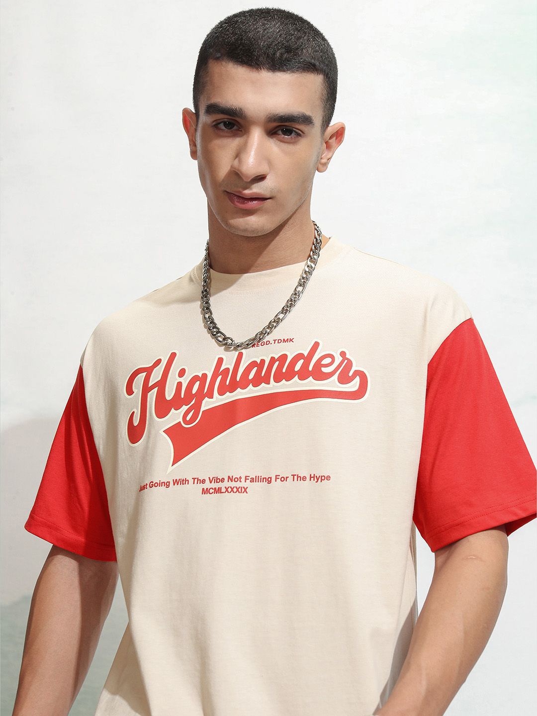 HIGHLANDER Men Typography Printed Round Neck T-shirt, Cream