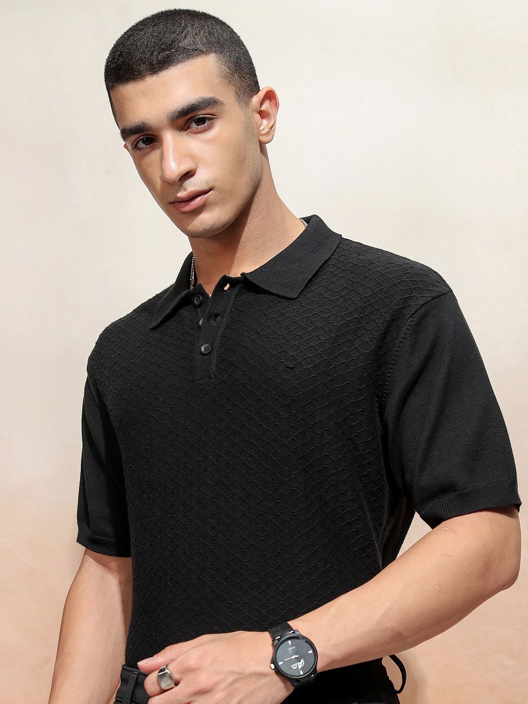 

Highlander Men Knitted Textured Polo Collar Cotton T-shirt, Black