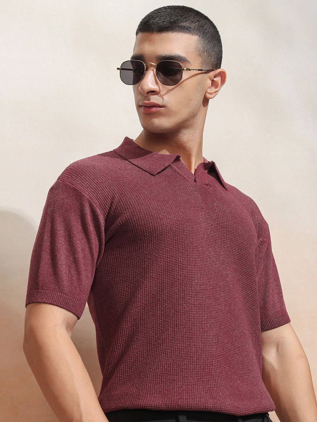 

Highlander Men Knitted Textured Polo Collar Cotton T-shirt, Maroon