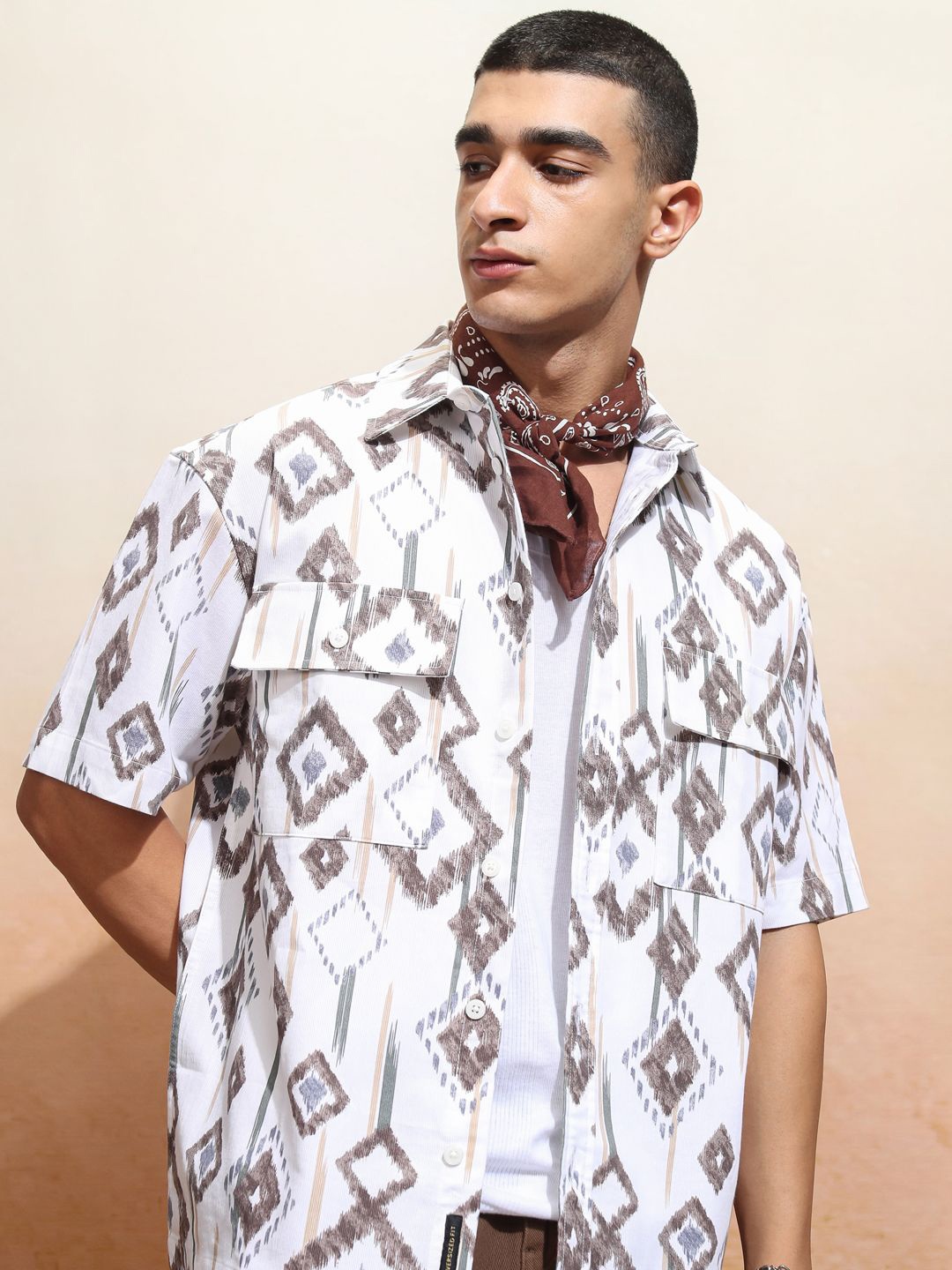 

HIGHLANDER Men Cord Textured Checked Utility Pocket Oversized Overshirt, White