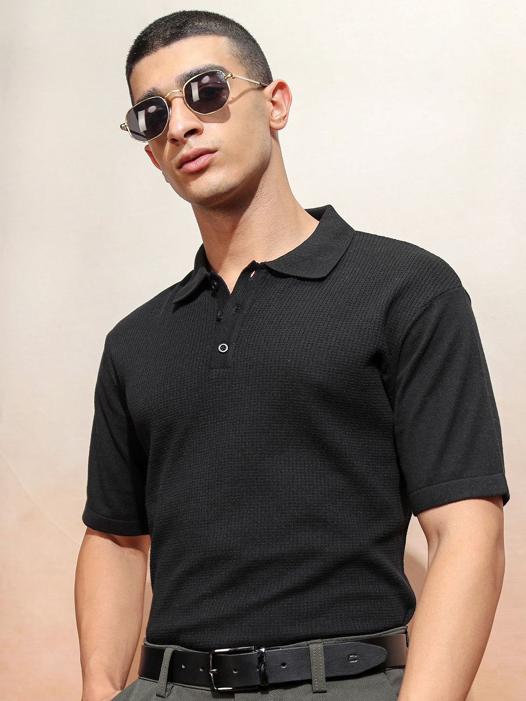 

HIGHLANDER Men Relaxed Fit Half Sleeve Half Placket Polo Collar Cotton T-shirt, Black