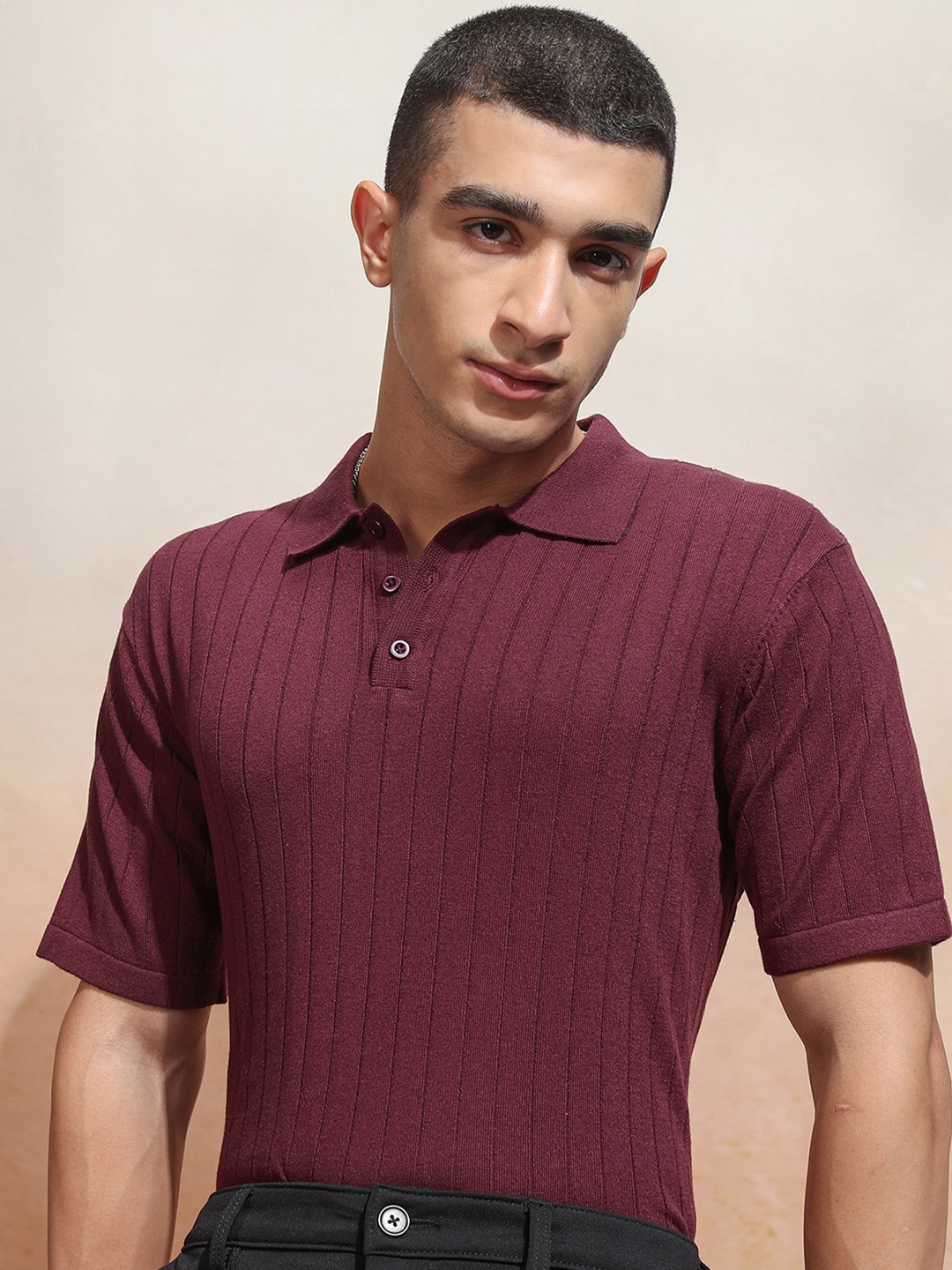 

HIGHLANDER Men Relaxed Fit Half Sleeve Polo Collar Cotton T- Shirt, Burgundy