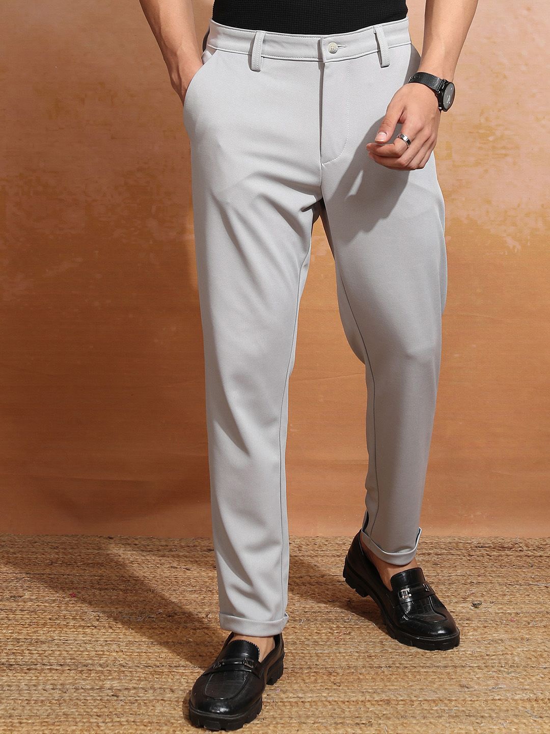 

HIGHLANDER Men Knitted Slim FIt Chinos Trouser, Grey