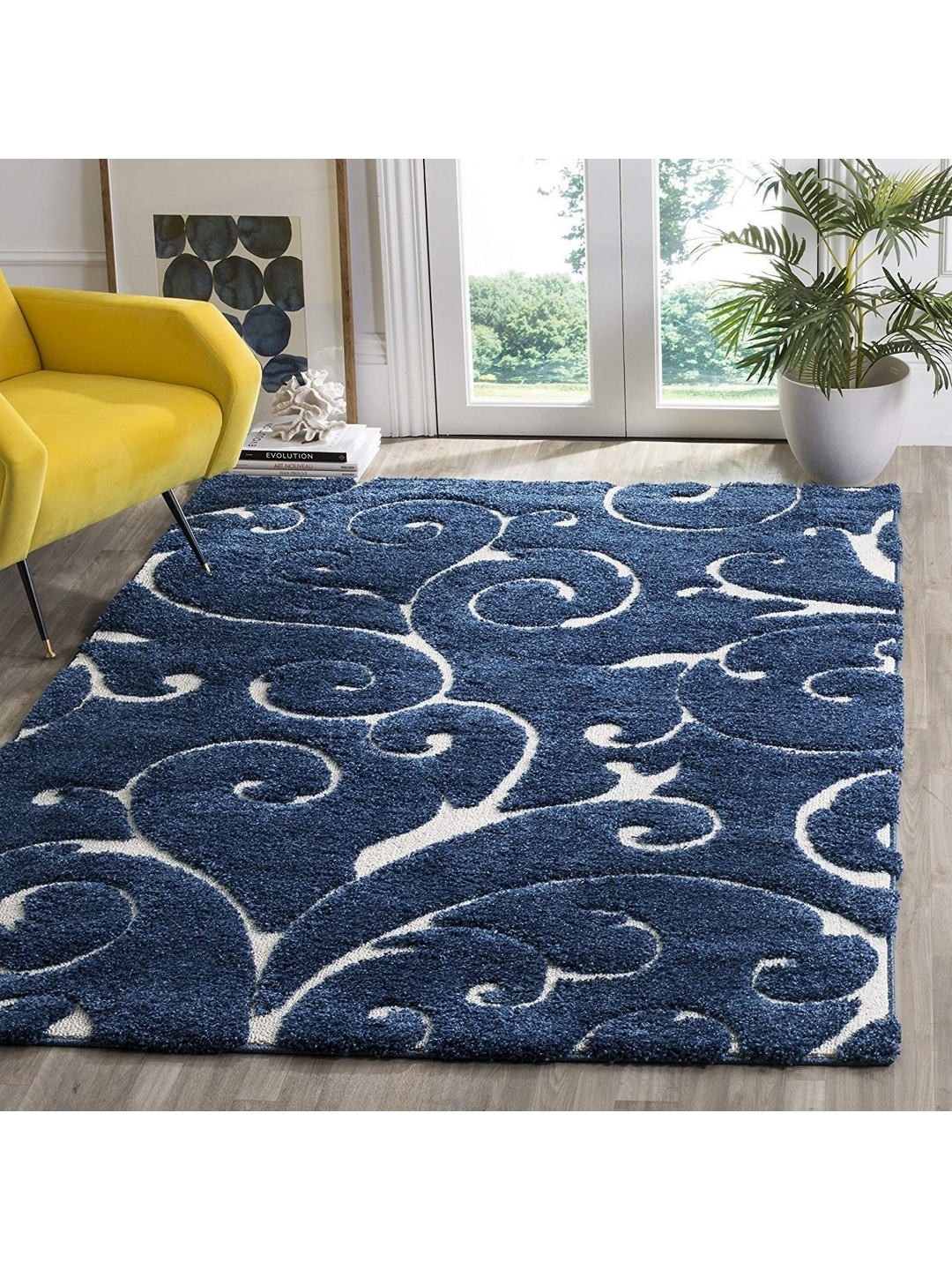 

IMRA CARPET Blue & White Floral Shaggy Carpet