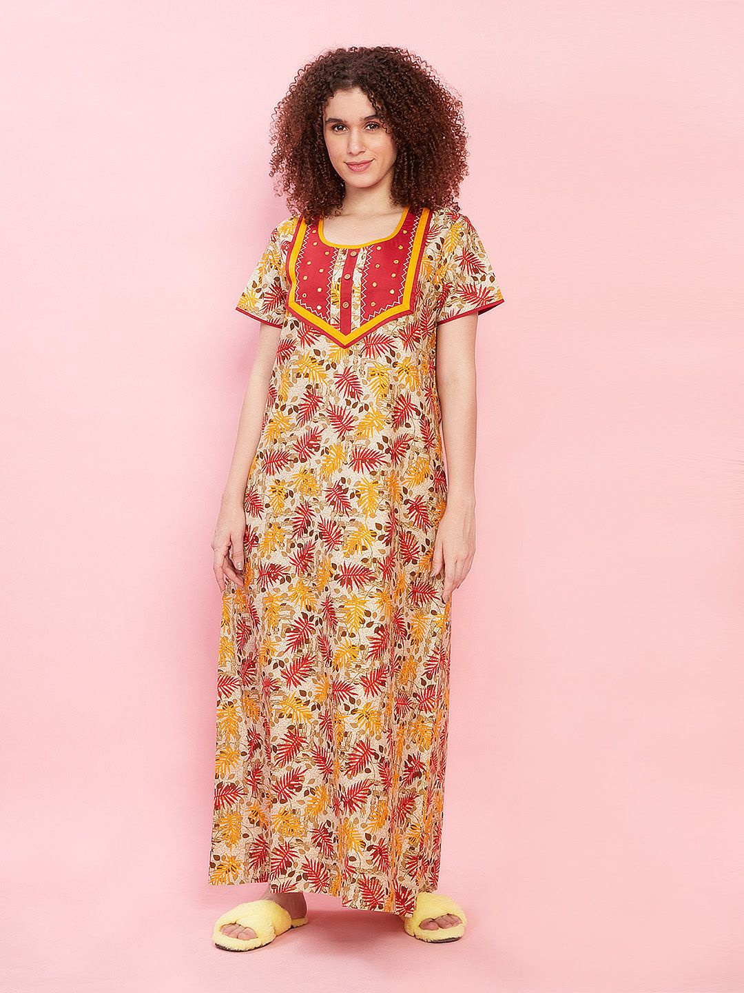 

evolove Floral Printed Pure Cotton Maxi Nightdress, Beige