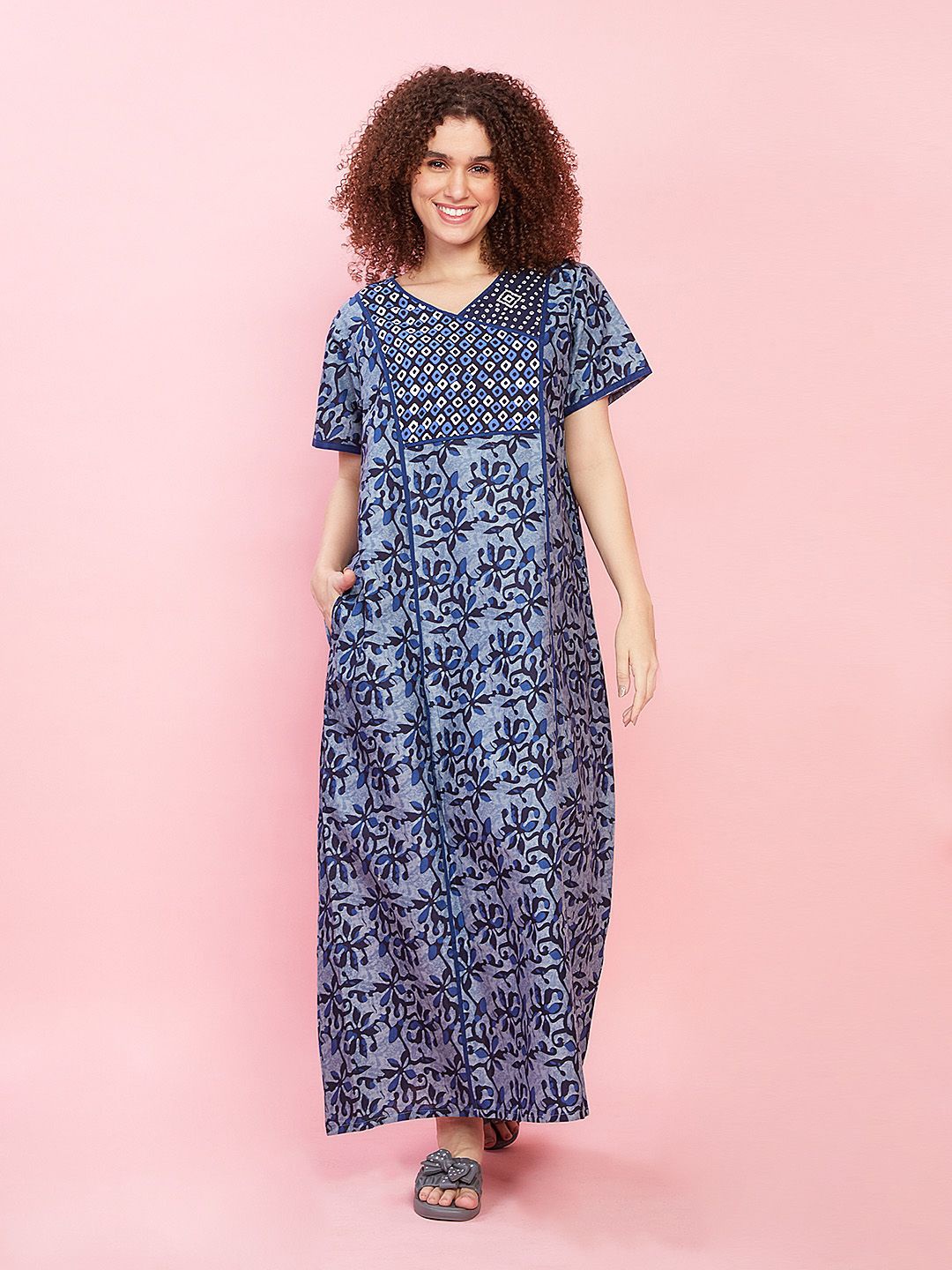 

evolove Floral Printed Pure Cotton Maxi Nightdress, Navy blue