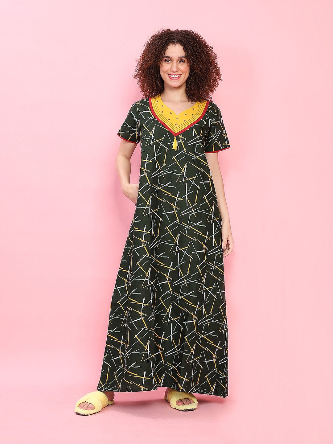 

evolove Geometric Printed Pure Cotton Maxi Nightdress, Green
