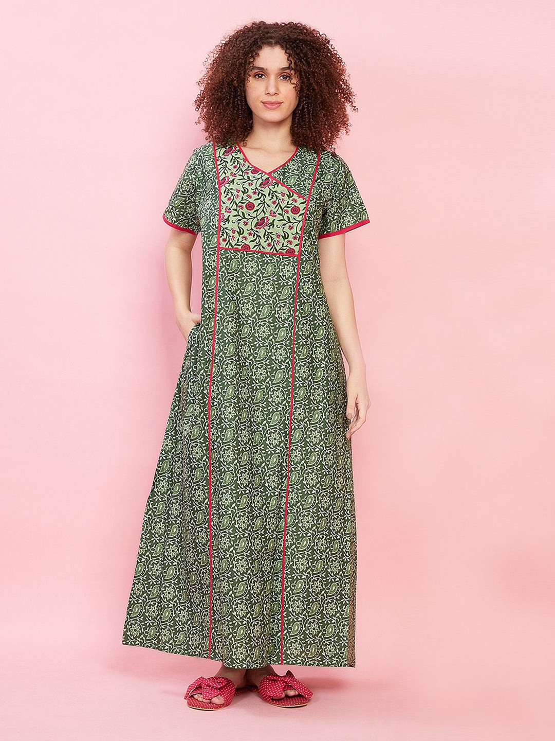 

evolove Floral Printed Pure Cotton Maxi Nightdress, Green