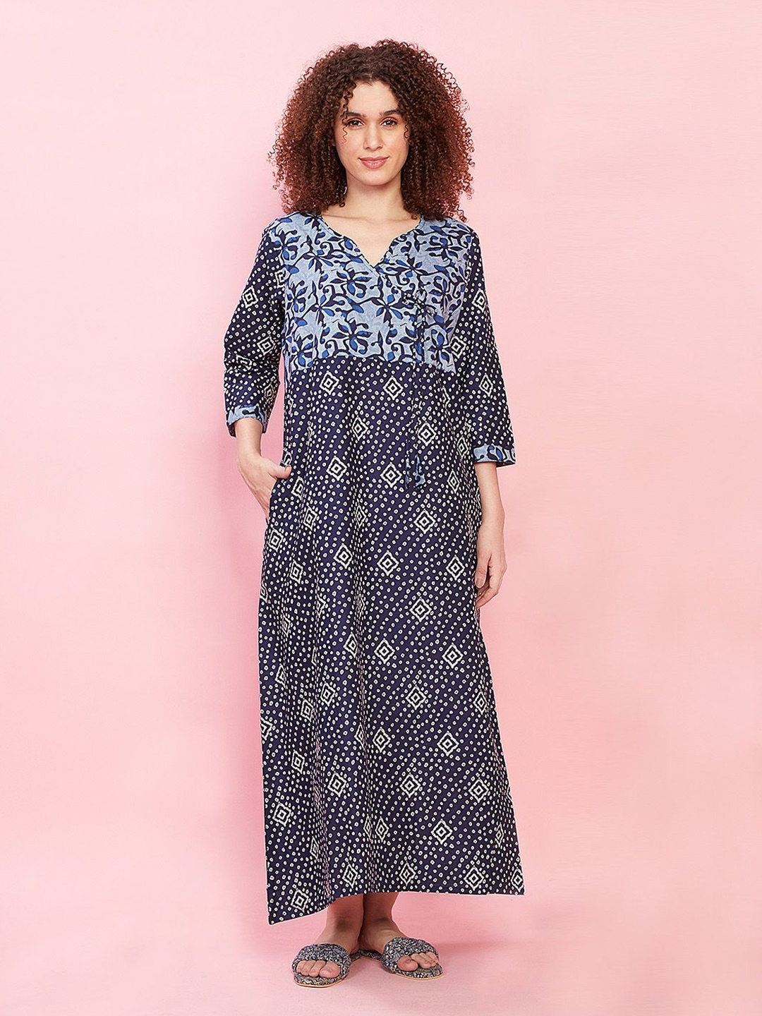 

evolove Geometric Printed Pure Cotton Maxi Nightdress, Blue