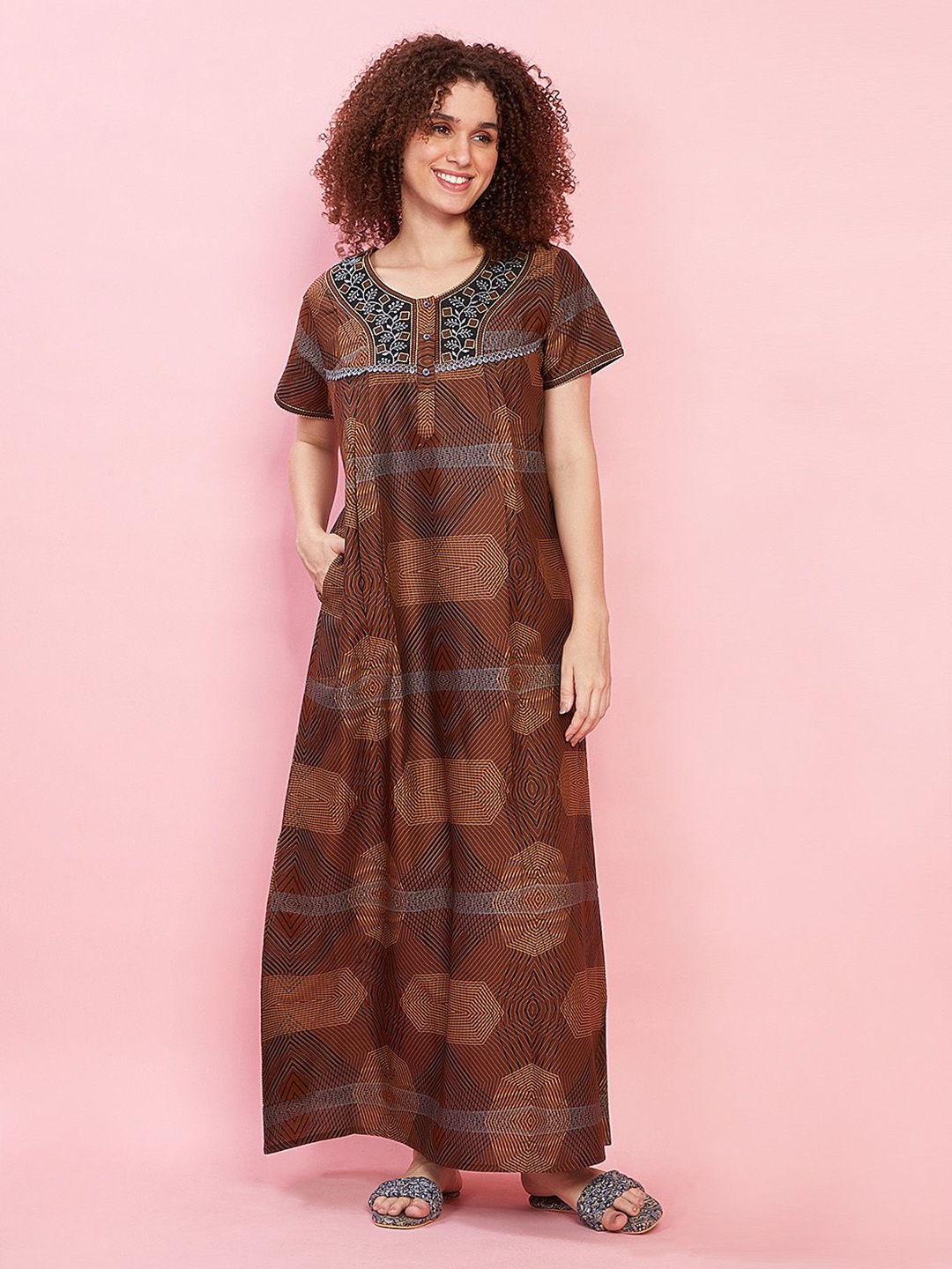 

evolove Floral Printed Pure Cotton Maxi Nightdress, Brown