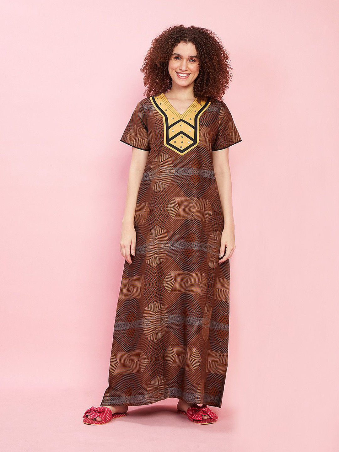 

evolove Geometric Printed Pure Cotton Maxi Nightdress, Mustard