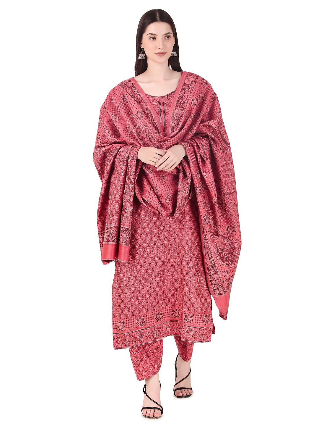 

FEMLOOM Floral Printed Woolen Unstitched Dress Material, Peach