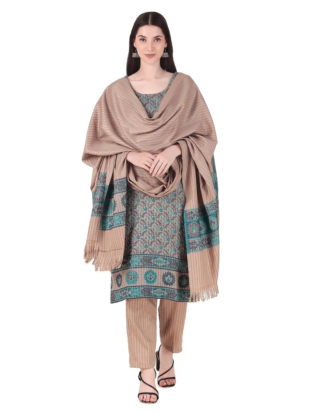 

FEMLOOM Floral Printed Woolen Unstitched Dress Material, Sea green