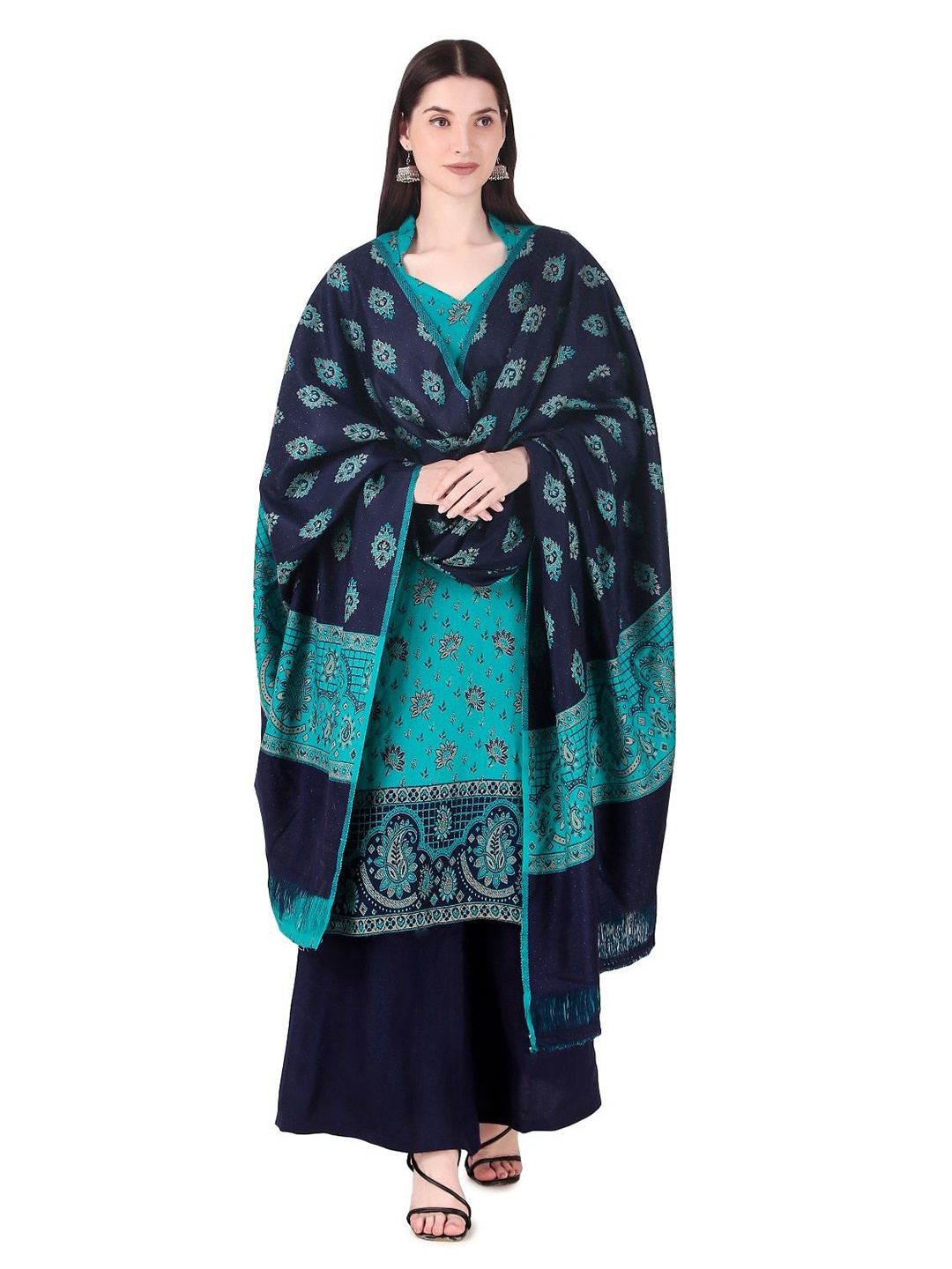 

FEMLOOM Floral Printed Woolen Unstitched Dress Material, Turquoise blue