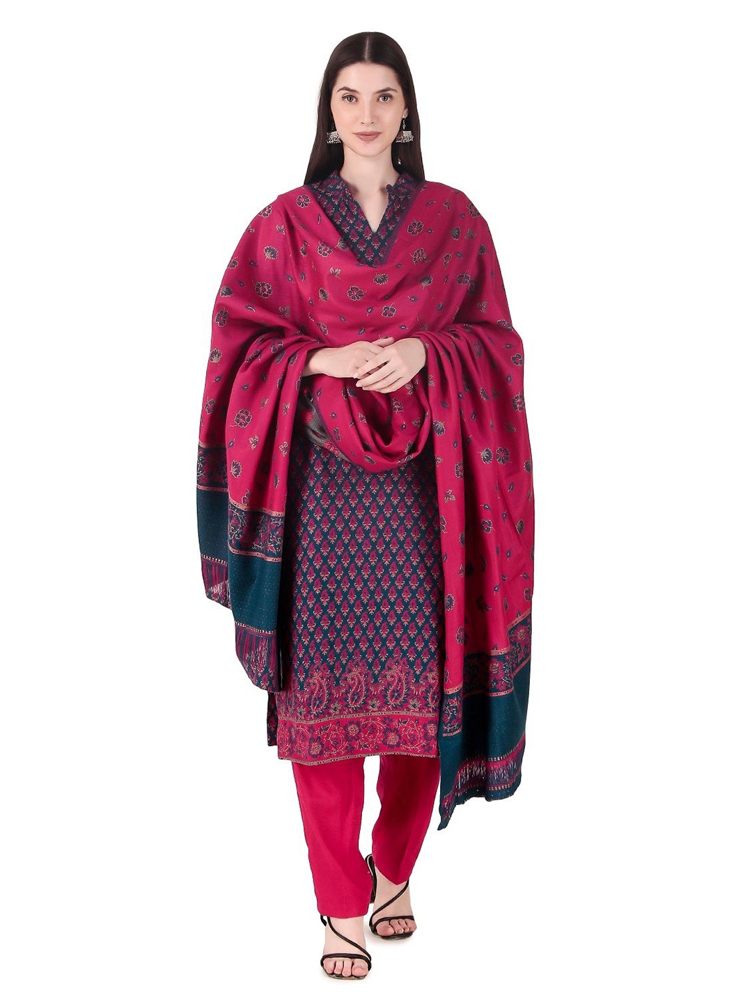 

FEMLOOM Paisley Woven Design Woolen Unstitched Dress Material, Blue