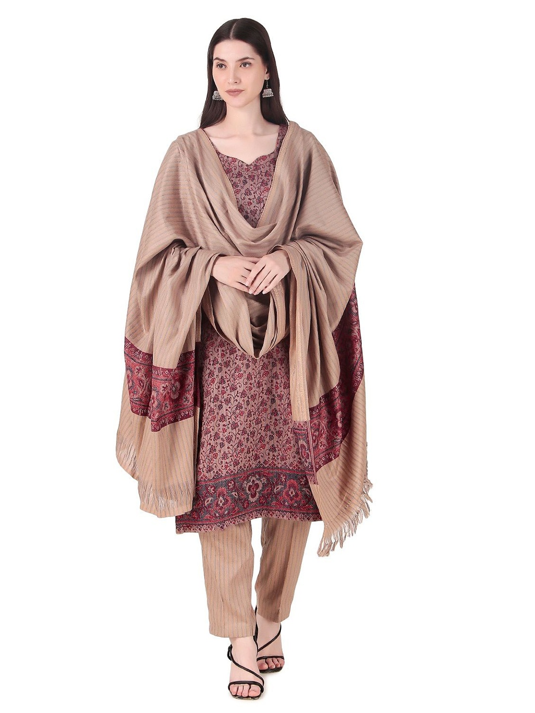 

FEMLOOM Floral Woven Design Woolen Unstitched Dress Material, Beige