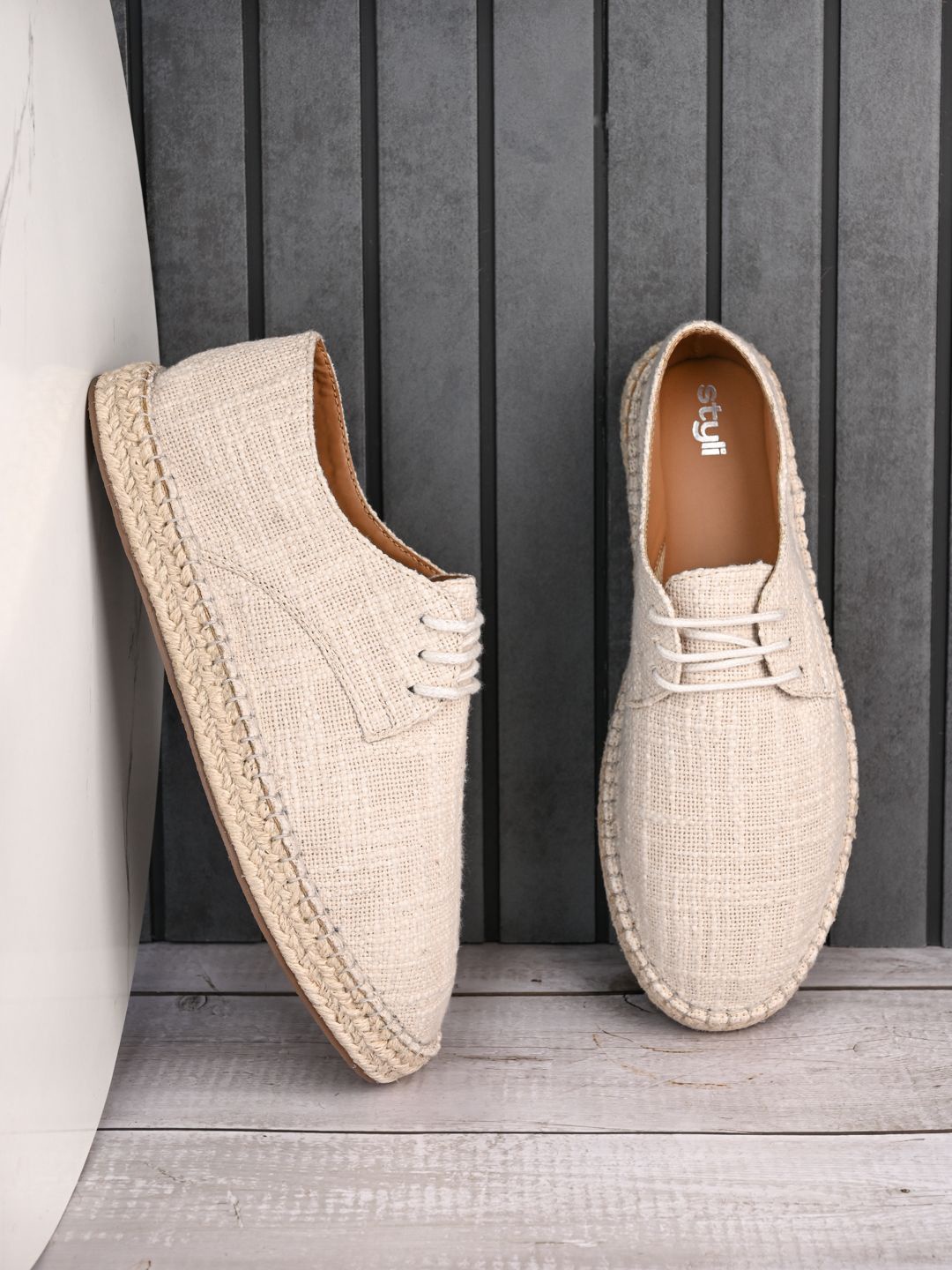 

Styli Men Chunky Lace Up Espadrilles, Cream